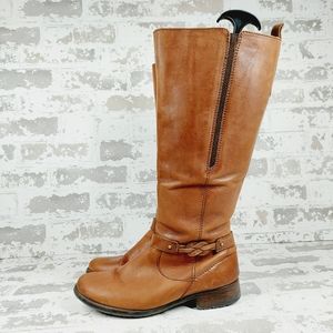 Clarks Brown Leather Elastic Gore Slip On Strap Detail Side Zip Tall Boots W46